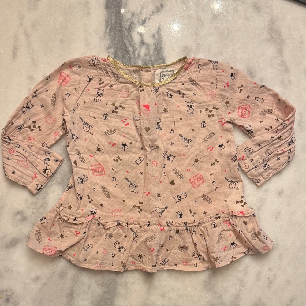 Bonhuer Du Jour Paris Pink ruffle hem pleated shoulder cotton top girls 18M